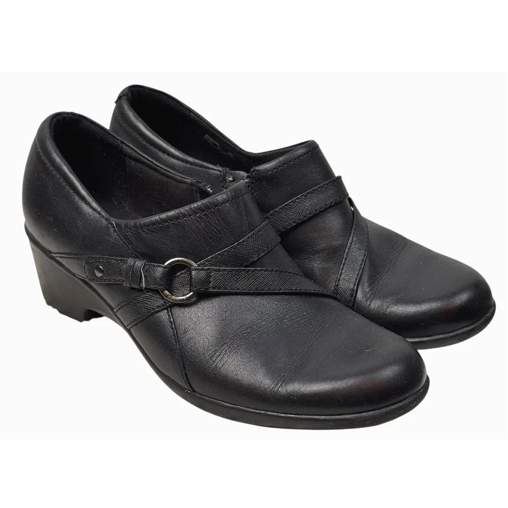 Clarks Loafers Genette Arc Black Leather Women‎ Size 8M Wedge Heel Comfort Shoes